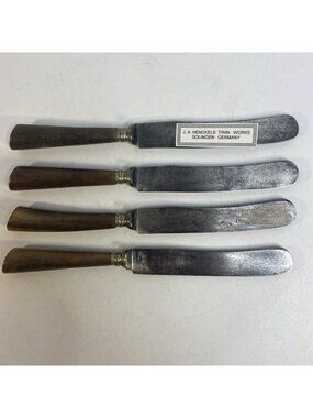 Antique  JA Henckels Solingen Germany Horn Handle Dinner Knives Set Of 4 Carbon